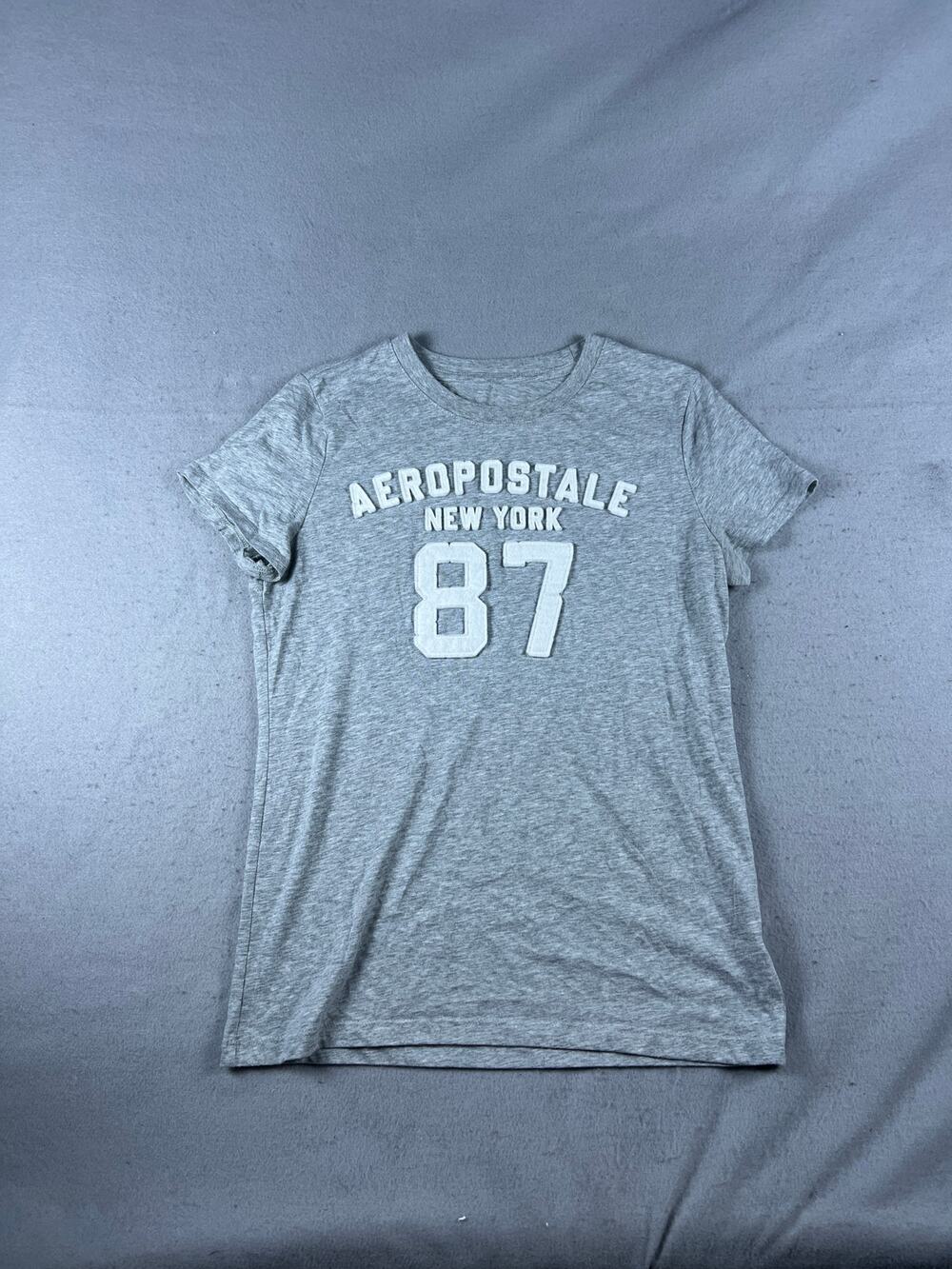 Aeropostale New York 87 T-Shirt Women L Gray Applique Spellout Logo Classic Crew
